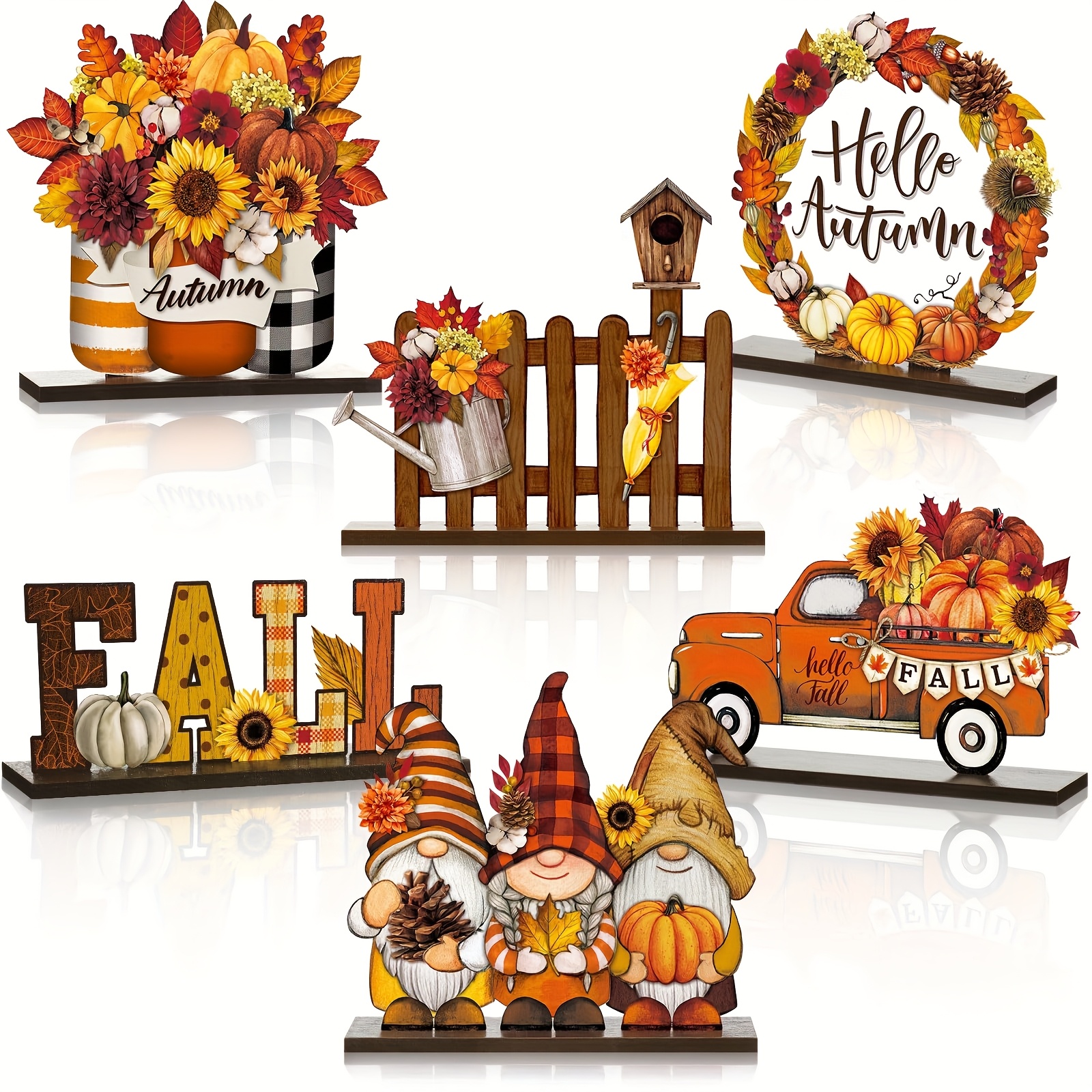 TEMU Wood Product Ornament 6pcs Set, Cute Dwarf Fence, Autumn Slogan, Autumn Thanksgiving Home Decoration, Table Ornament, Party Decoration, Holiday