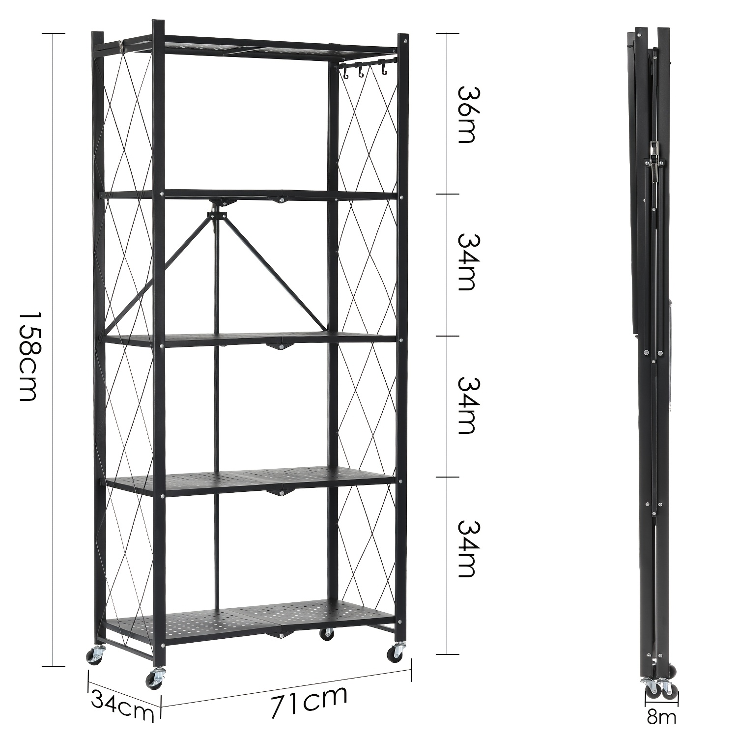 TEMU 3-tier/5-tier Heavy Duty Foldable Storage Shelf With Wheels - Collapsible Rolling Cart Suitable For Kitchen, Pantry, Office, Garage Organizer,