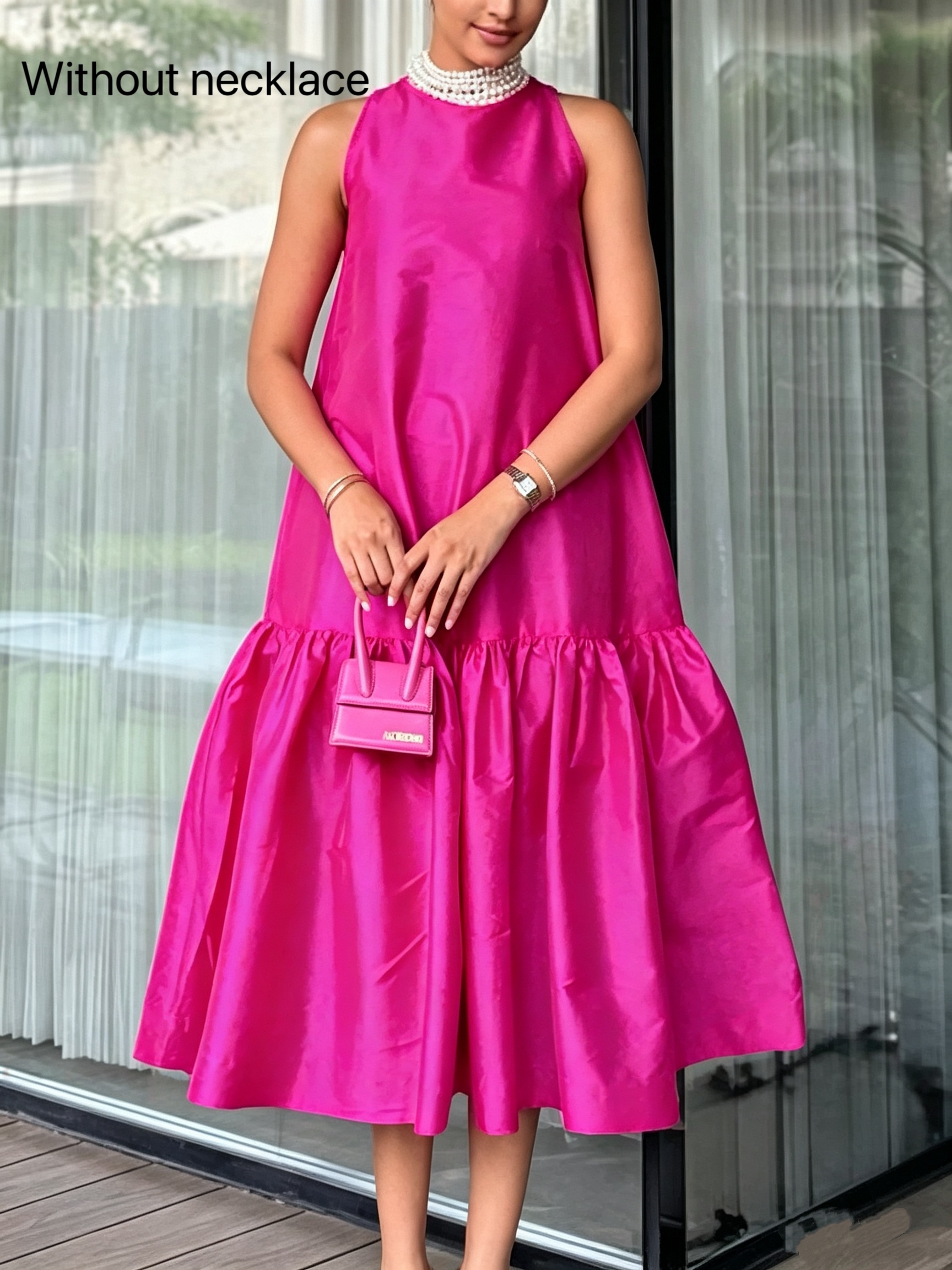 Women'S Stylish, Elegant, Sleeveless, Loose-Fit, Round-Neck Midi Dress with Pockets Suitable for Daily Commuting, Casual * * And Vacations