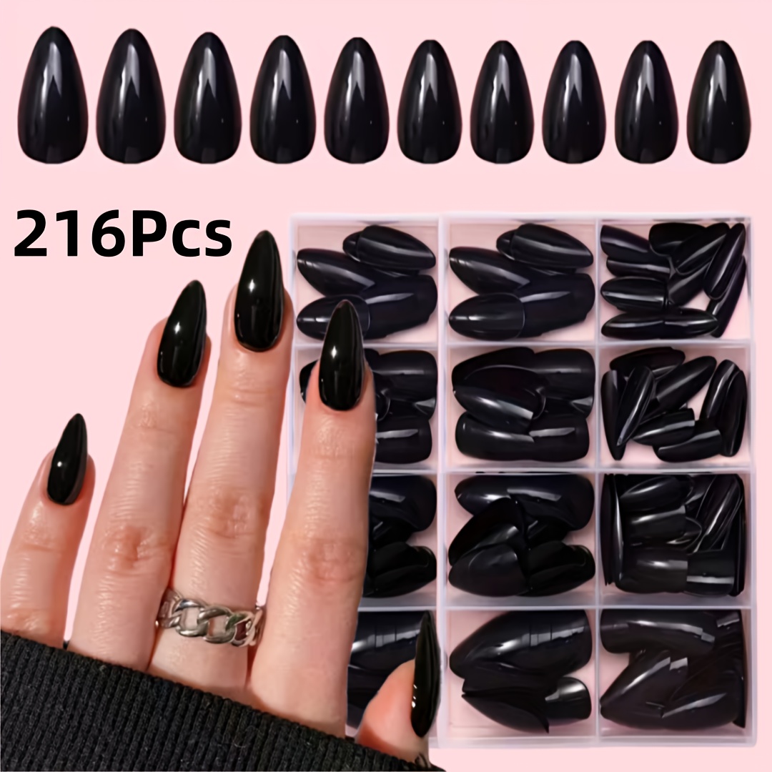 E-shop 216 Stück Glänzend Schwarz/Rot/Milchweiß Mandel Künstliche Nägel, Vollständige Abdeckung, Unifarben, Geprägte Falsche Nägel, Geeignet für Frauen