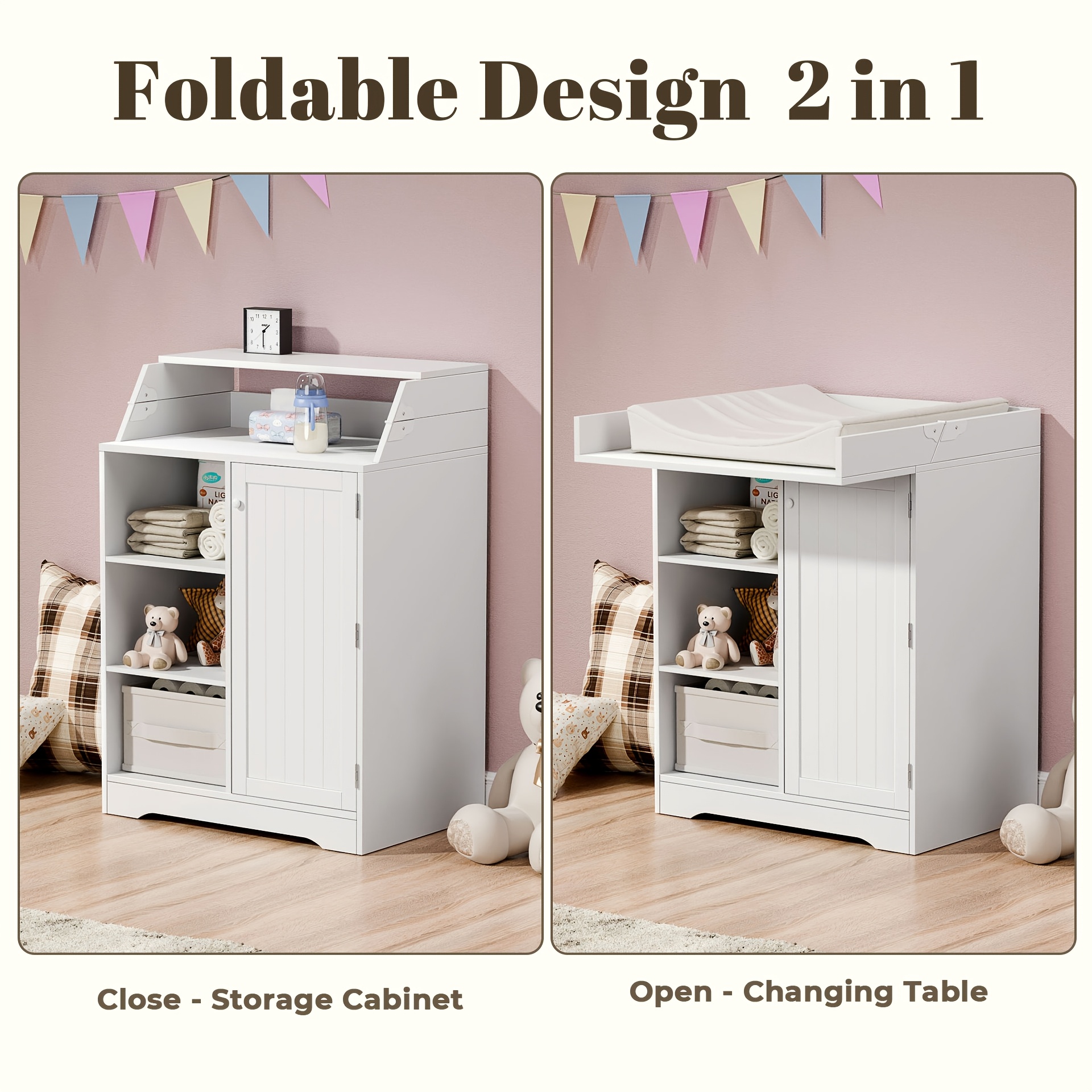 Foldable Baby Changing Station with 3 Drawers, White Diaper Table Organizer with Open Storage for Nursery