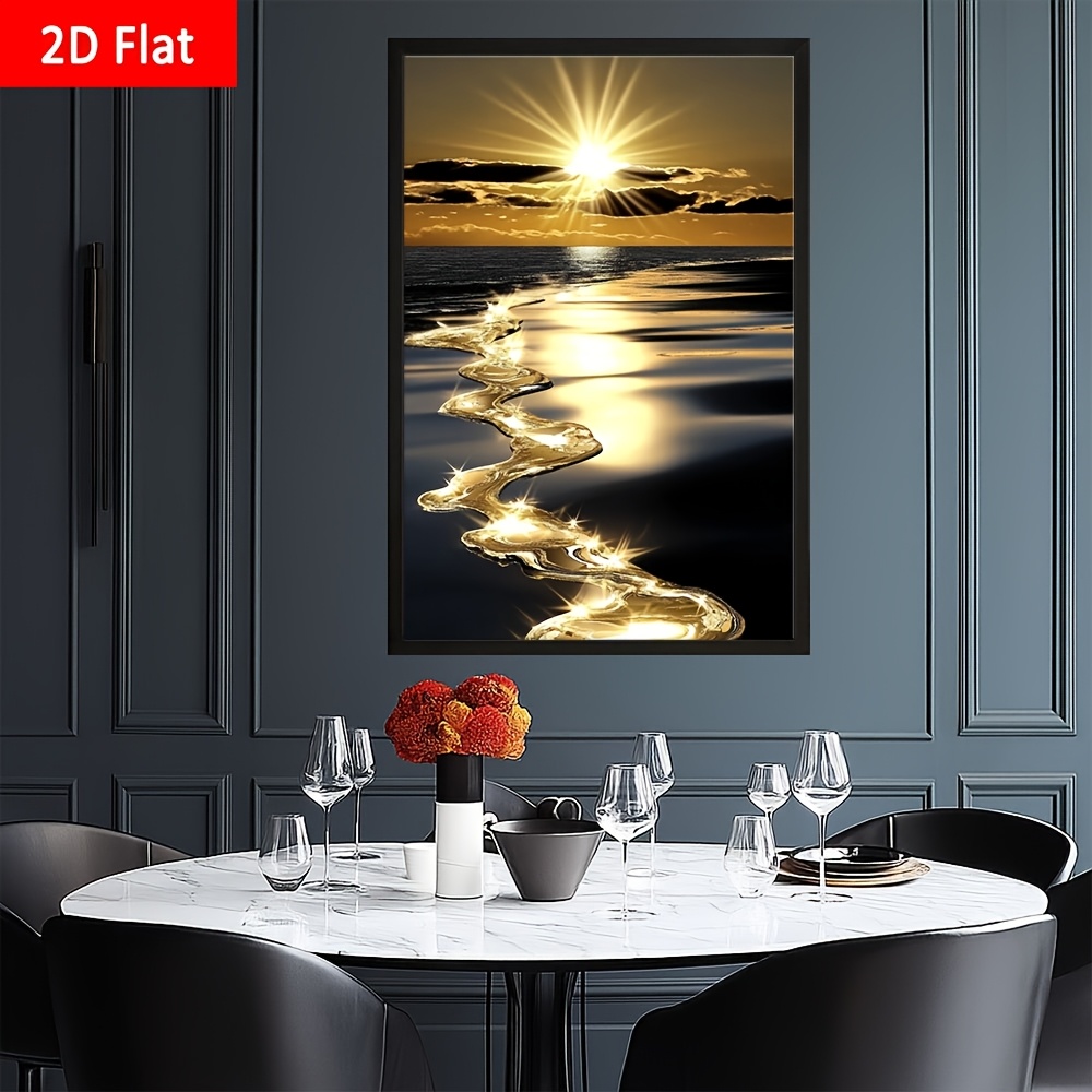 TEMU 1pc Large Framed Black & Wave Sunset Painting - Modern Minimalist Square Wood Frame & Canvas Wall Art, Black/, Ready-to-hang With Hooks For