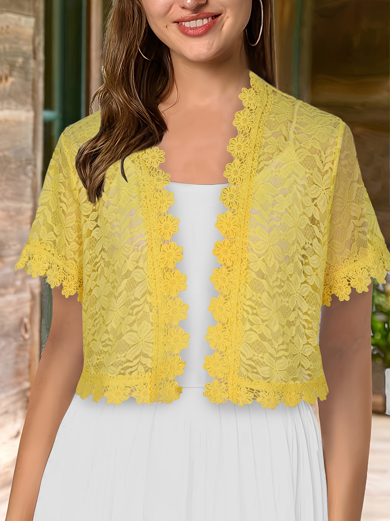 Women'S Elegant Yellow Lace Short Sleeve Cardigan - Sheer V-Neck, Short Length, All-Season Wear, Perfect for Formal Events and Casual Attire, Formal Attire|Elegant Lace Design|Sheer Fabric, Lace Coverup