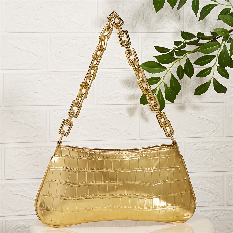 Yellow Chain Strap Animal Embossed Shoulder Bag Stylish Golden