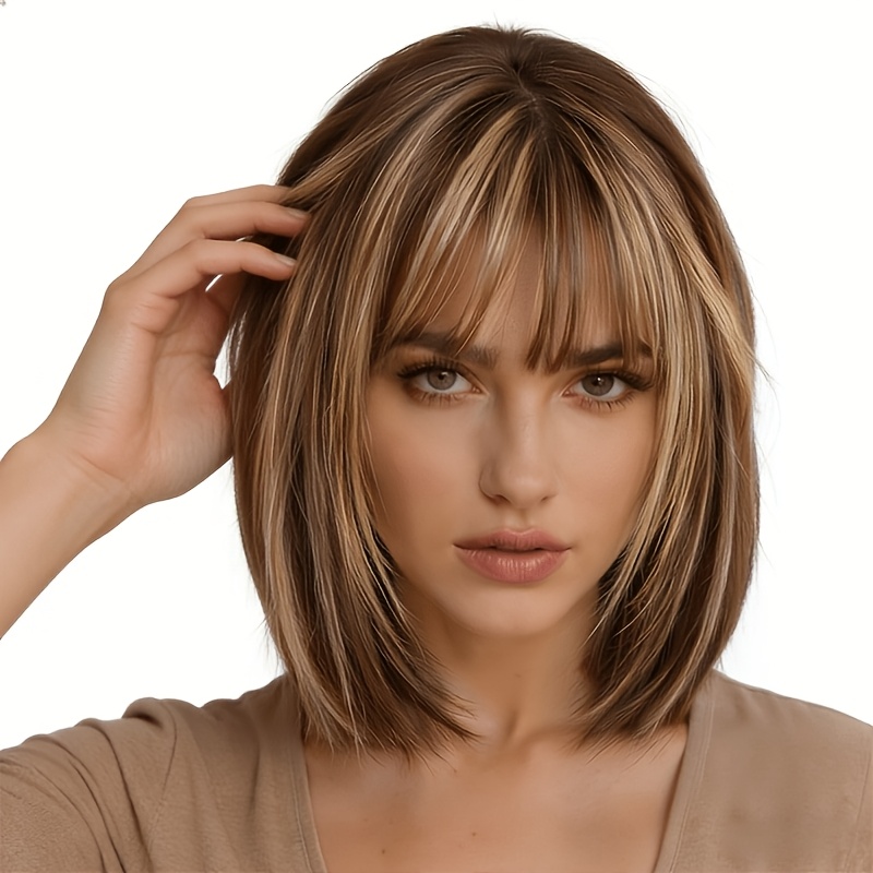 TEMU Charming Halloween 12-inch Brown With White Highlights Bob Wig For Women, Designed With Air Bangs In The Front. Made Of High-temperature