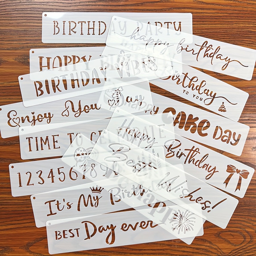 14pcs Birthday Letter Theme Painting Hollow Templates Party Words Gift Envelope Decoration Stencil Board Plastic Material Reusable Washable