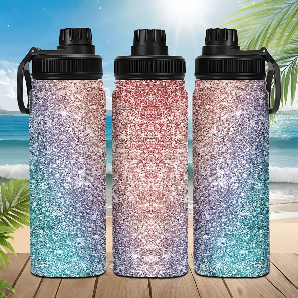 TEMU 1pc 20oz Stainless Steel Sports Bottle, Gradient Sequined Printed , Double Vacuum Technology For Hot And Cold Use, Gradient Sequined Aesthetic