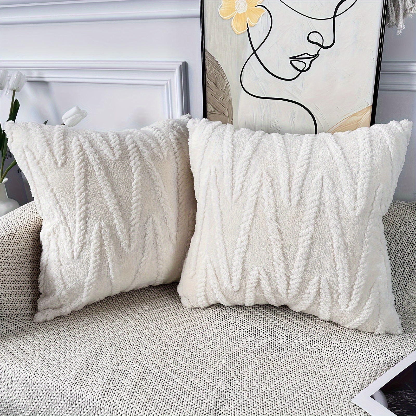 2pcs, Decorative Wool White Throw Pillow Covers, Soft Plush Fuzzy Short  Fleece Beige Cushion Cover Solid Pillowcases Couch For Bed S