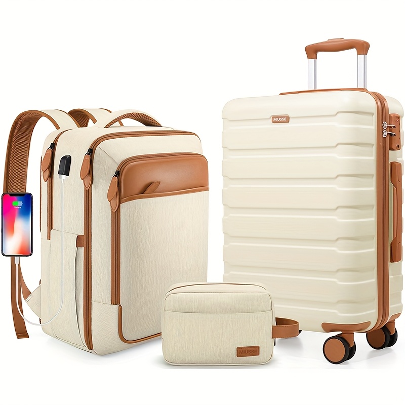 TEMU 3pcs Abs Hard Shell Luggage Set | Includes 20-inch Expandable Backpack And Non-expandable Carry-on, With And Extension Handle, Designed For Travel And Business Trips