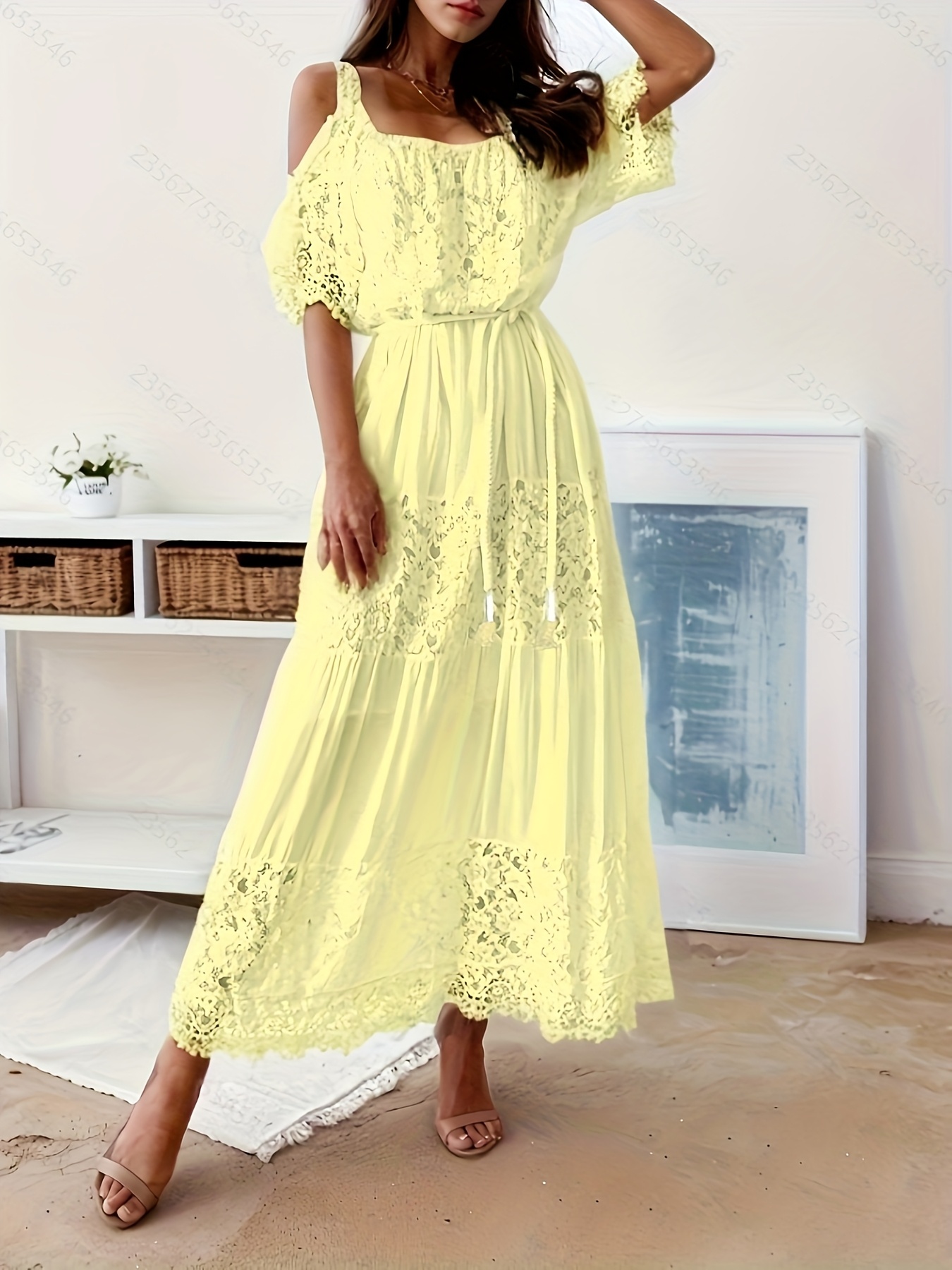 Plus Size Women'S Yellow Lace Off-Shoulder Maxi Dress with Ruffle Sleeves  and Detailing Vacation, Beach, and Casual Beach Attire|Lace