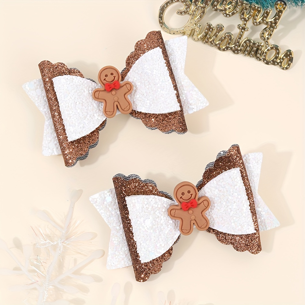 

2pcs Sparkly Gingerbread For Man Bow Hair Clips For Girls - Cute Festive Holiday Accessories, Perfect Christmas Gift