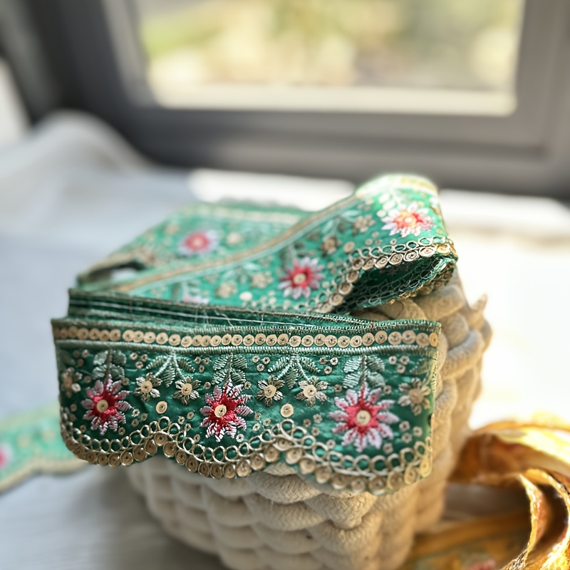 A New Embroidered Sequin Lace Trim In 54-inch And 108-inch Lengths, Featuring , Green, And White Floral Designs. Perfect For Bow Ties, Neckties, Curtain Embellishments