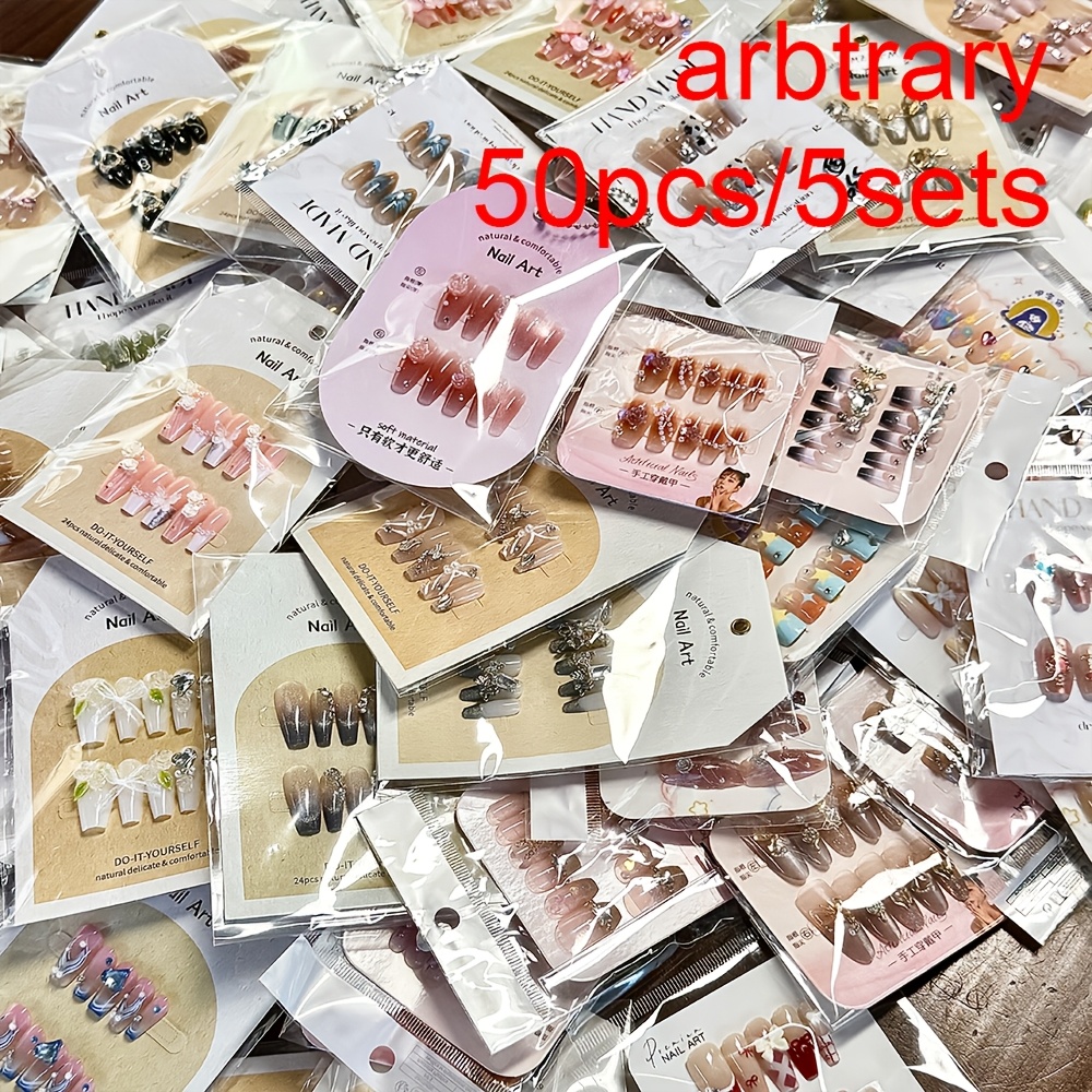 TEMU 50pcs 5boxes Nail Art Random Assortment, Short Nails, Medium-long Nails, Long Nails, Nails, Almond Nails, Square Nails, Y2k Nails, Red, Blue,