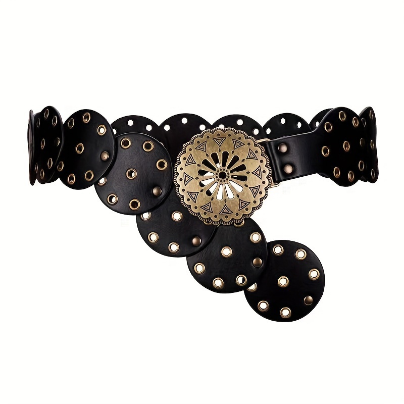 E-shop Vintage Western-Cowboy-Stil Gürtel-Accessoire für Damen, Dekorativer Kleidgürtel mit Nieten, Breiter PU-Lederbund, Bohemian-Stil