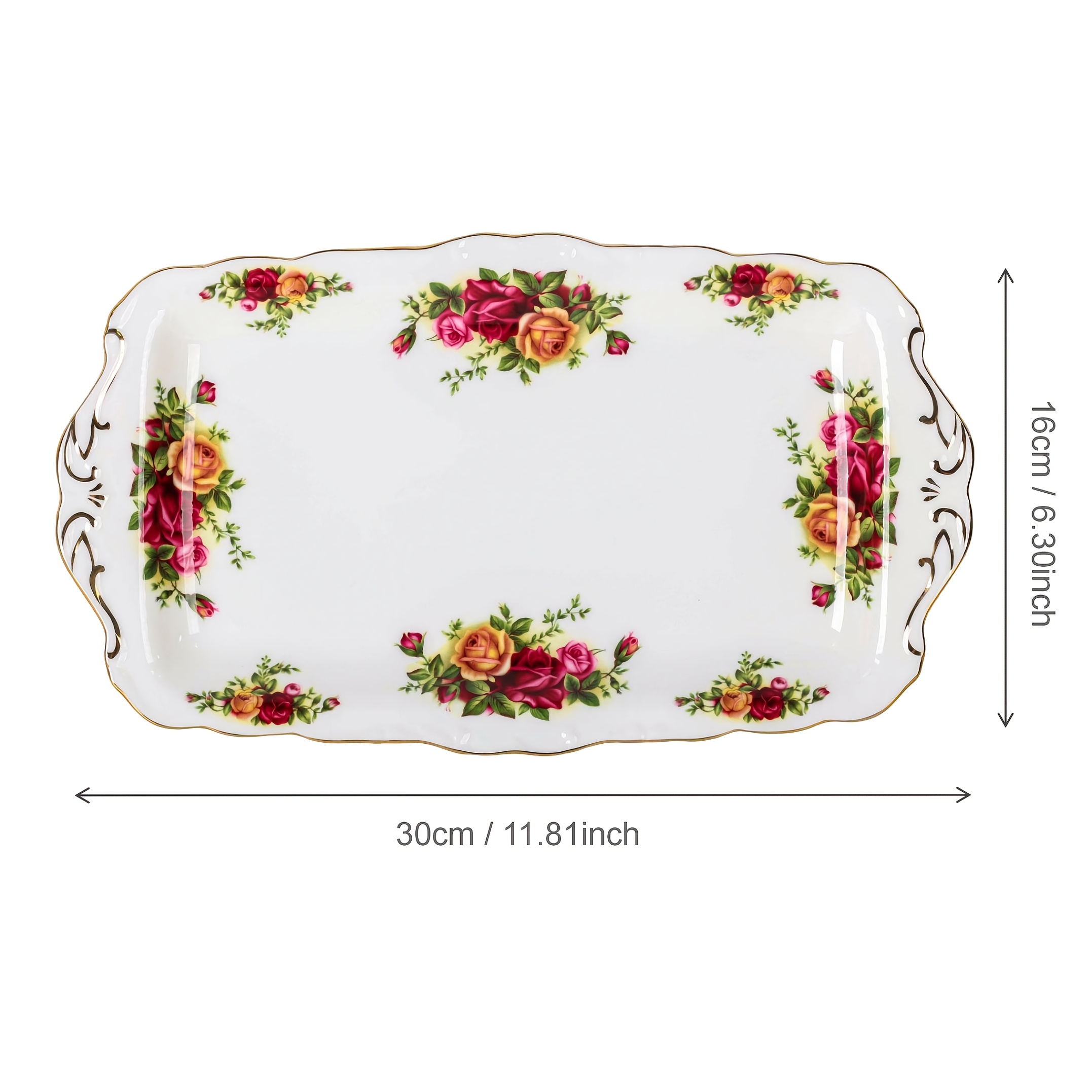 TEMU 1pc Elegant Vintage Town Rose Rectangular Dessert Plate, 12-inch Large-capacity Ceramic Dinner Plate, Vintage Blue Rose Table Decorative Plate