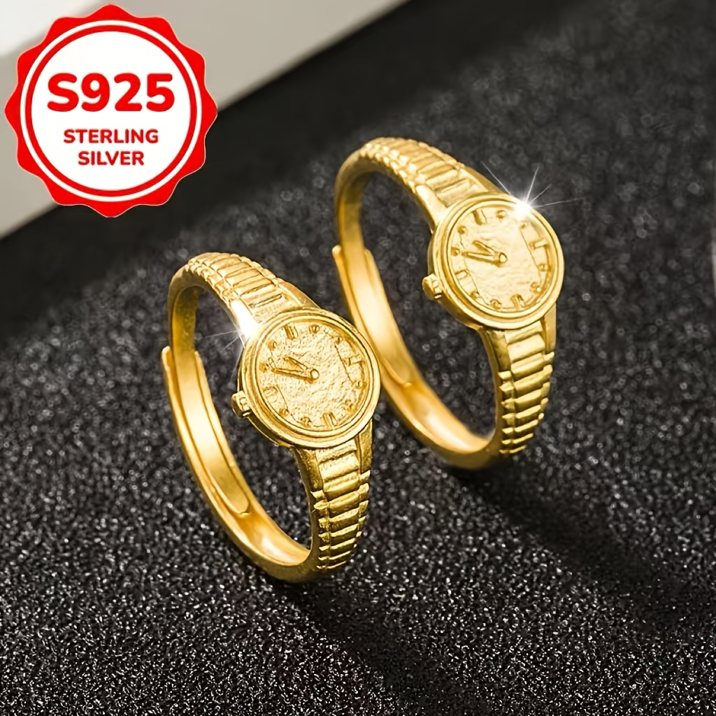 Women's S925 Sterling Silver Golden Clock Hand Band Ring, Unique Gift
