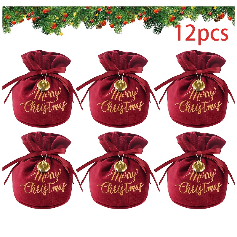 Image of 12 Christmas Red Velvet Drawstring Bags With Pearl And Bell Additions, Reused Multiple Times, Practical And Durable, Suitable For Christmas Eve Gift Packaging