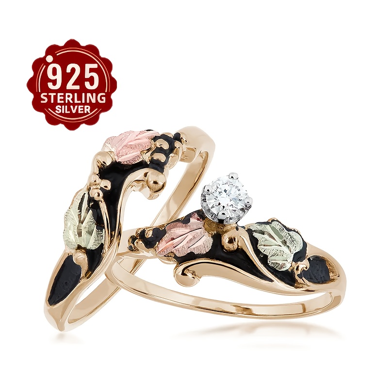 TEMU Elegant S925 Sterling Silvery 2pcs Ring Set With Leaf Design And Synthetic Cubic 5a Zirconia Inlay, Suitable For Daily Wear, Banquets,