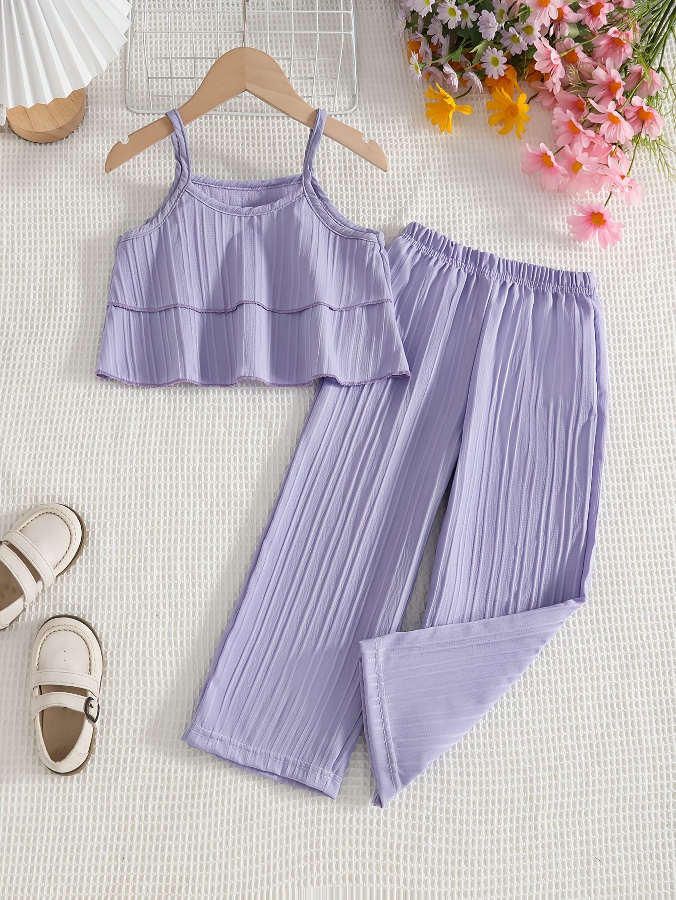 little girls summer plain vest 2pcs set with straight trousers fashionable and elegant childrens clothing   outdoor