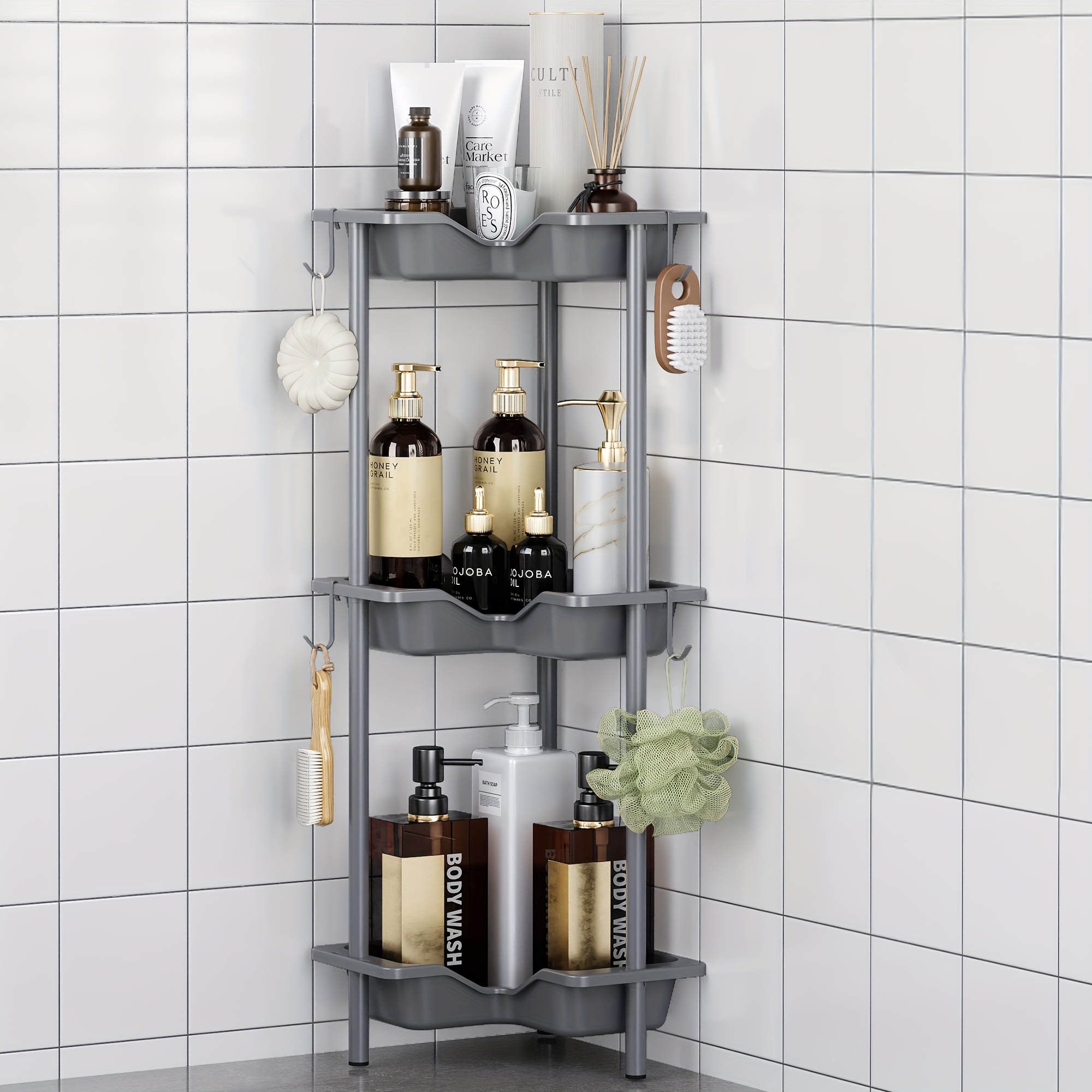 Image of Golden Metal Corner Shower Shelf With -quarter Tier Design, Perfect For Space In Your Bathroom. This Storage Rack Is Ideal For Organizing Shower Additions And Other , Shelves