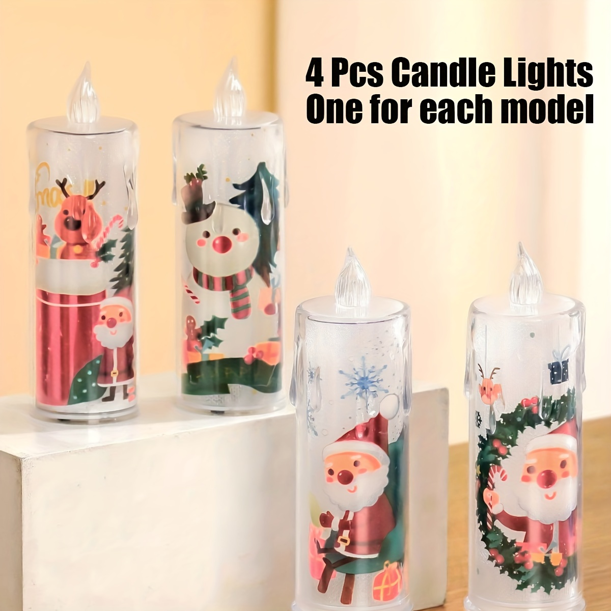 Image of 4pcs Christmas Lights - Festive Tabletop Decor With Santa, Snowmen & Holiday Scenes, Battery-powered Plastic Candles For Holiday Party Ambiance & Scene Setup, Christmas Party Decorations,halloween