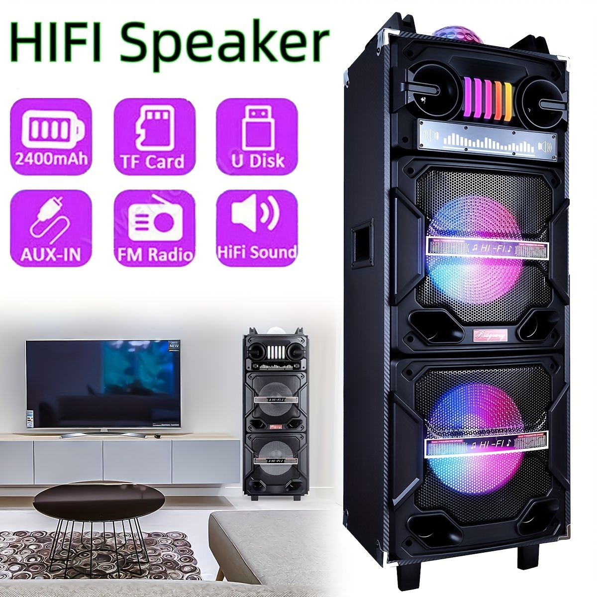 

Home Audio Speakers, Rechargeable Battery Powered Portable Wireless With Dual 10inch Woofers, Indoor Outdoor Party Disco Lights Stereo Tie Rod Boombox, Hd Hifi Vocal Loudspeaker