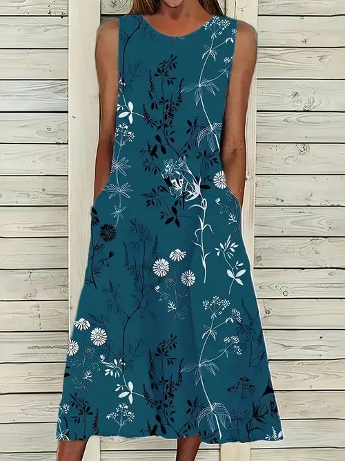 Plus Size Women's Floral * Dress with Pockets - Round Neck Sleeveless Midi Dress, Breathable Stretch Fabric for Spring Summer Fall, Elegant & Comfortable for Casual * Beach, Picnics, Cute Summer ... Plus Size Women's Floral * Dress with Pockets - Round Neck Sleeveless Midi Dress, Breathable Stretch Fabric for Spring Summer Fall, Elegant & Comfortable for Casual * Beach, Picnics, Cute Summer ...
