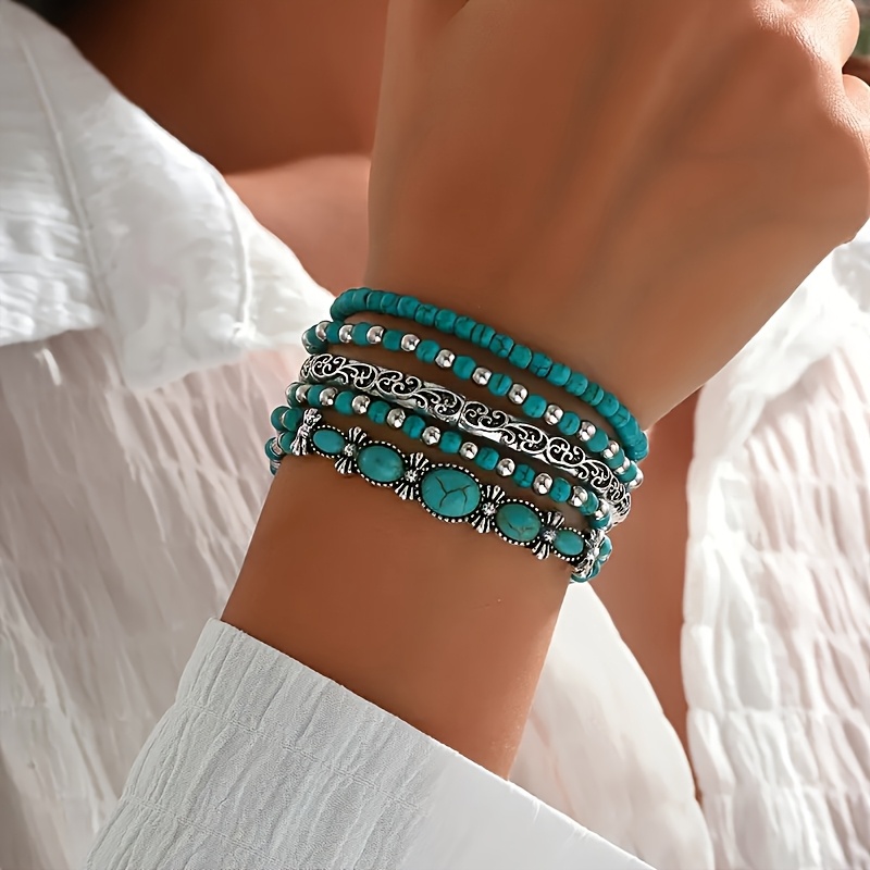 E-shop 5-teiliges böhmisches mehrschichtiges Türkis-Armband-Set, Vintage-Armreif aus dehnbarem Kordelzug, handgefertigter Perlenschmuck im ethnischen