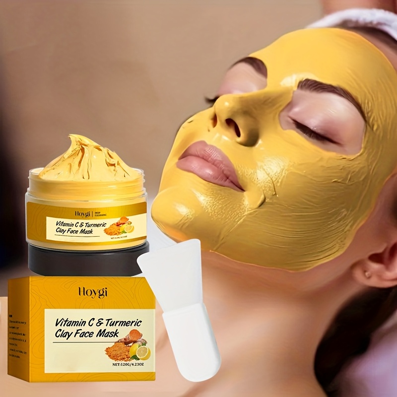 Masque de Boue à la Curcuma et Vitamine C Hoygi 3.38oz - Nettoyage Profond, Hydratant & Raffermissant, Masque en Kaolin et Aloe Vera pour un Teint Lumineux Beige Clair, Idée Cadeau Anniversaire pour Femmes et Hommes