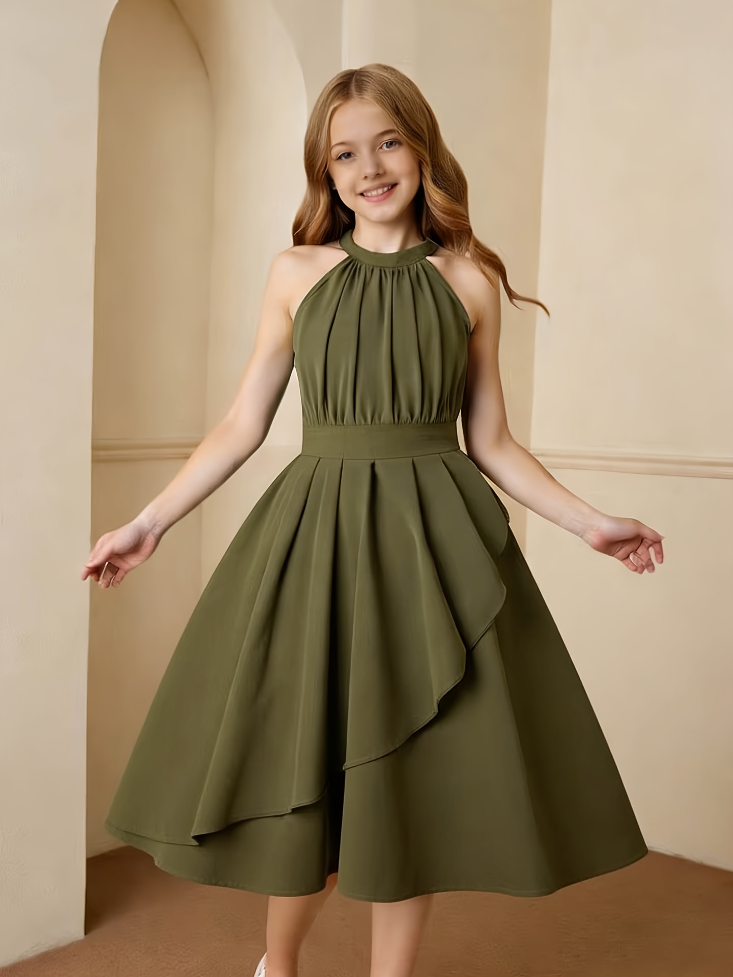 7-14 Year Old Girls' Backless Neckline *-Length Dress in Military Green,  Fashionable * Formal Dress, Spring-Summer-Autumn Style