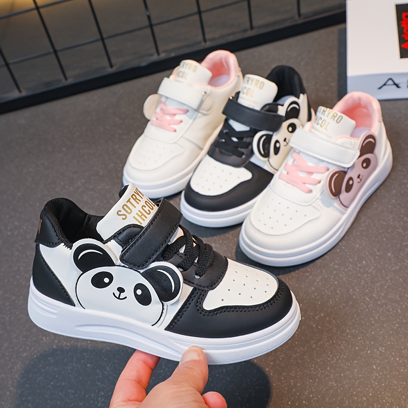 *' Adorable Panda Cartoon Sneakers Trendy Black White Casual Shoes with  Hook-and-loop Fastener Strap, Durable Non-Slip Sole, Comfortable