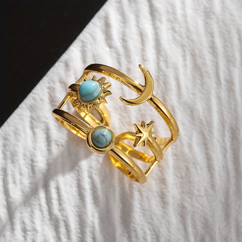 Adjustable Stainless Steel Ring with Moon Star Sun Turquoise Inlay