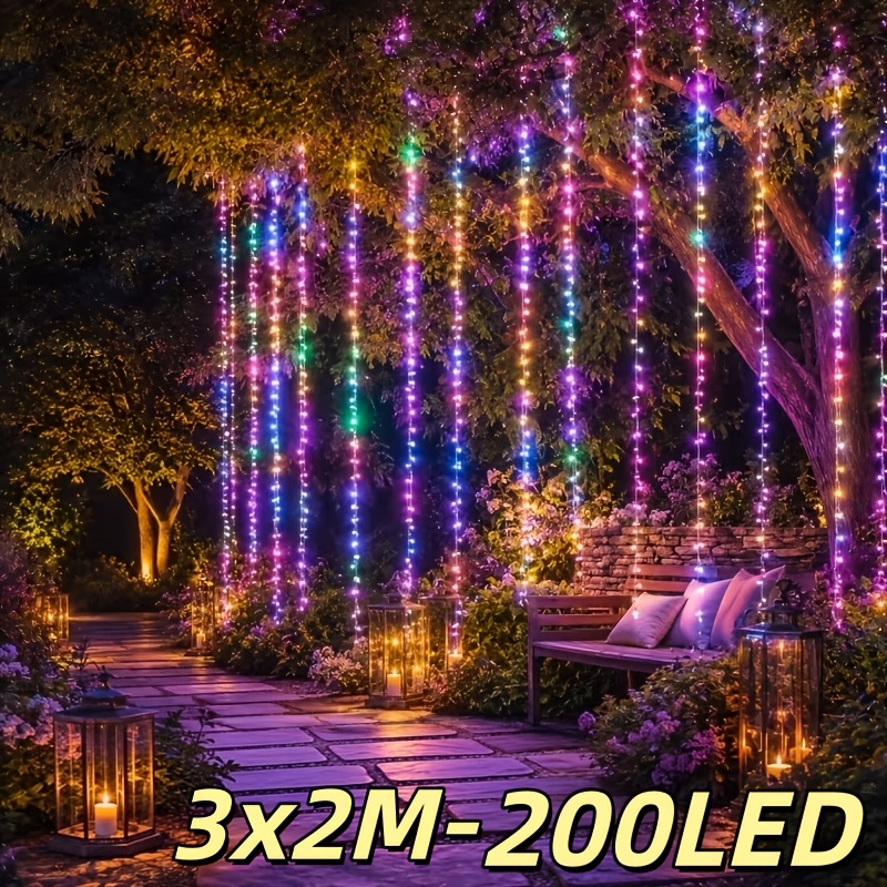 TEMU 10x6.6ft, 200 Led Outdoor Curtain Lights Battery Operated, Waterfall Fairy Light String, Hanging 8 Flashing Light String, Suitable For Garden