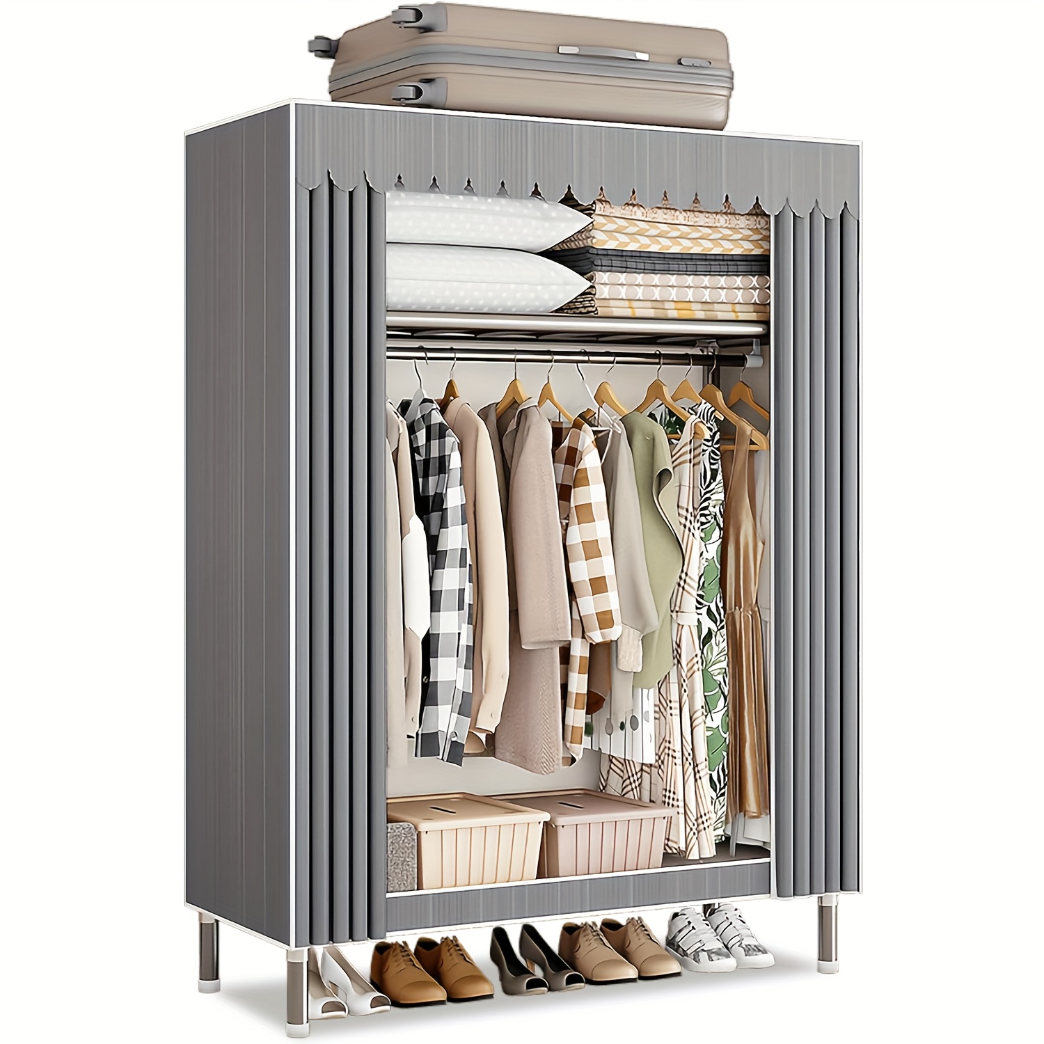 TEMU Armoire portable grise avec pop-up, dotée de joints en acier doré durables et d'une housse extérieure en tissu Oxford. d'armoire est livré avec