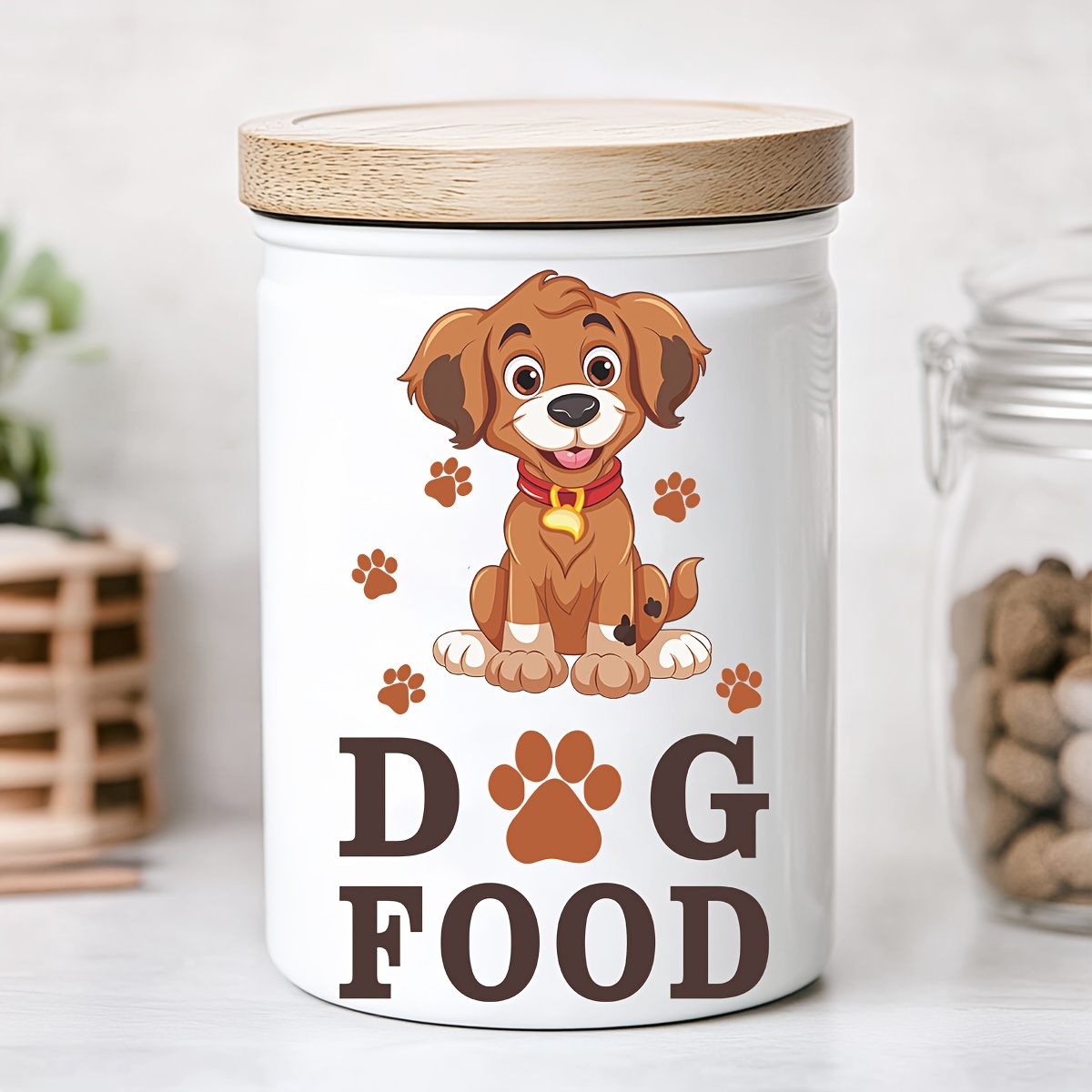 TEMU 1 adesivo per secchiello cibo per animali domestici, stampa di cucciolo seduto in inglese, scatola organizer per contenitore cibo per cani,