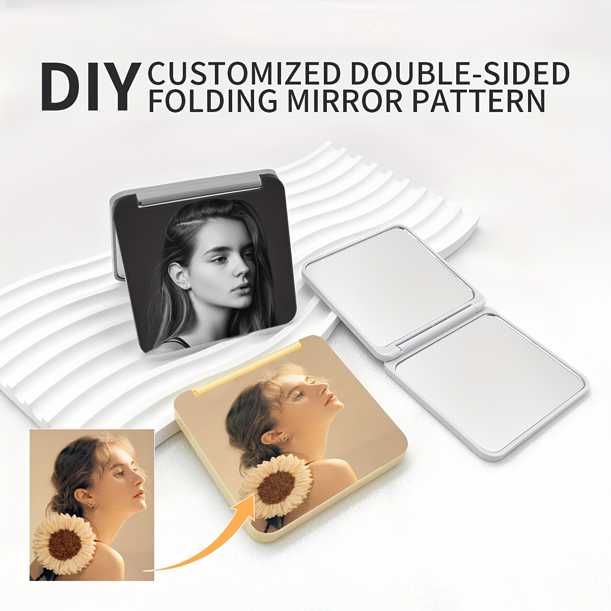 

1pc Customizable Pocket Mirror, Double-sided Folding Makeup Mirror, Personalized Photo Design, Lightweight Square Travel Cosmetic Mirror, Diy Pattern, Birthday/ Lover's Gift