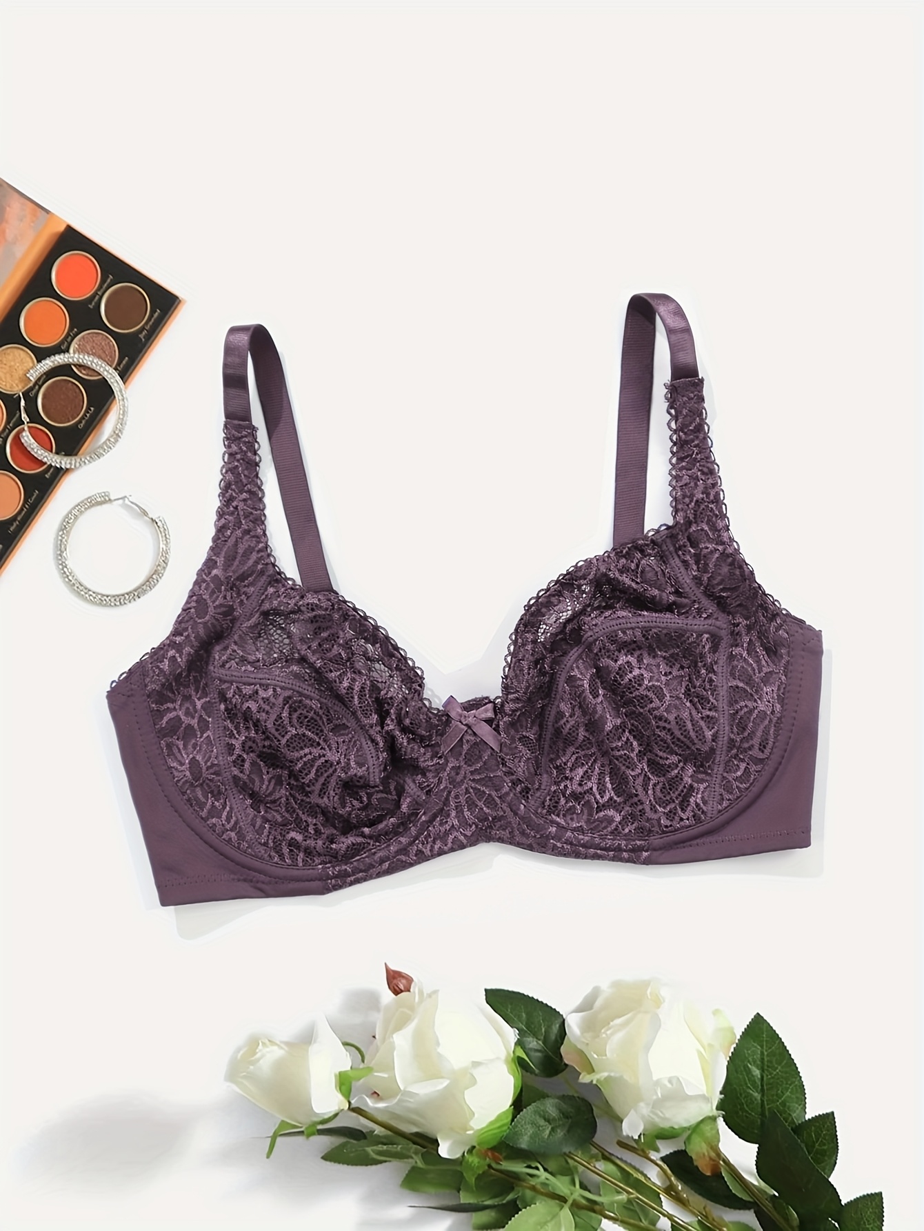 Women's Plus Elegant Bra, Plus Size Bow Decor Floral Lace Non Padded Underwire Bra