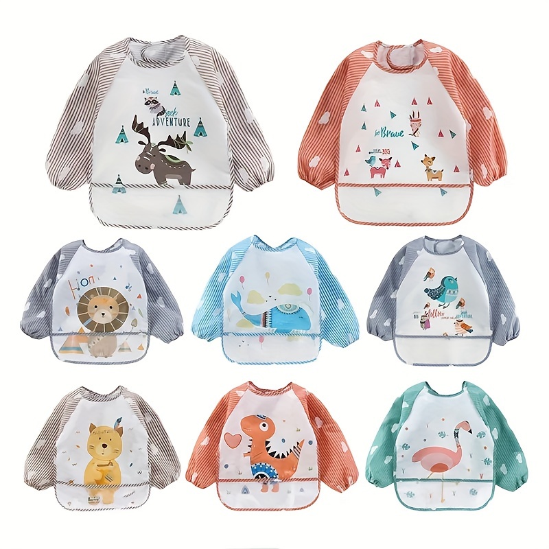 

Waterproof Long Sleeves Reverse Wear Cartoon Bib, For Home And Travel Use, Easy To Clean