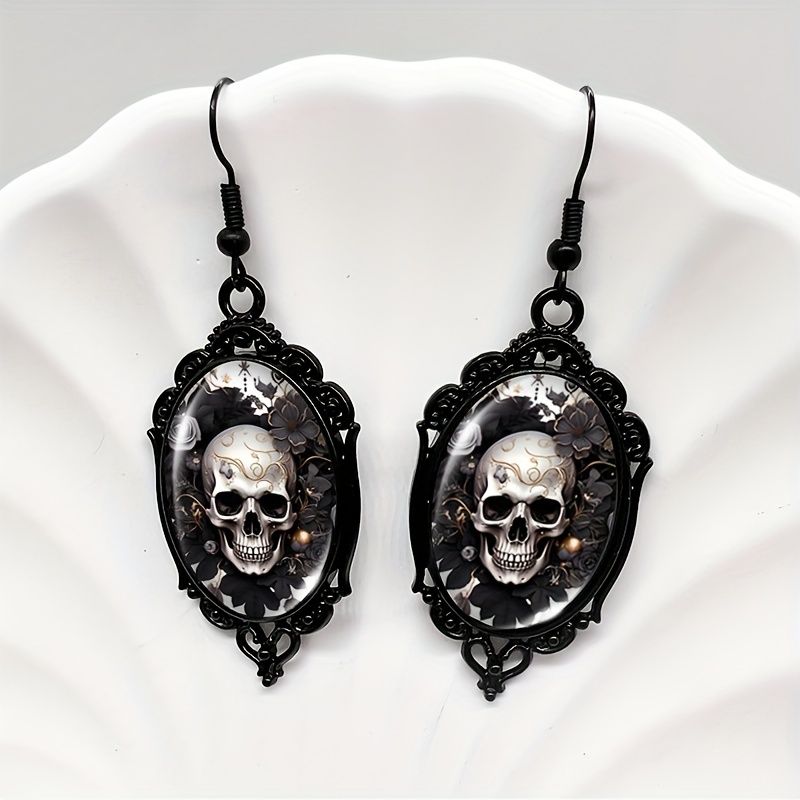 1 Pair Floral Skull Halloween Black Lace Dangle Earring Glass Dome Hook Earring For