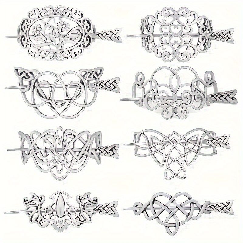 

8 Pack Viking Hairpins Celtic Crown Hair Clips Hair Accessories Celtic Silver Irish Long Hair Decorative Hair Accessories Women's Braid Jewelry