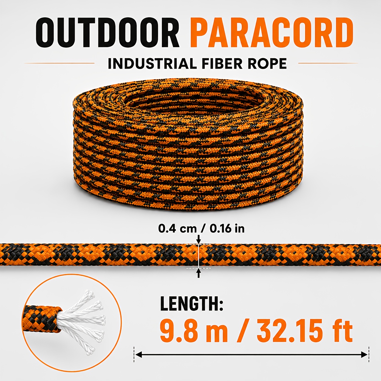 TEMU Black And Orange Alternating Paracord, Nylon--strand Braided Cord, Diameter 0.4cm, Total Length 9.6m, Suitable For Outdoor Camping, Tent