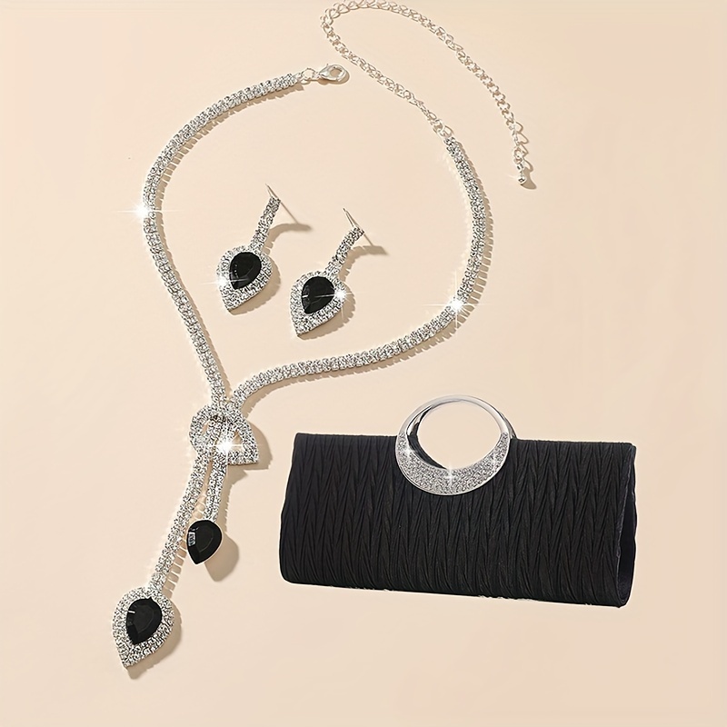 

4pcs Elegant Women's Evening Clutch With Rhinestone Inlay Necklace And Earrings, Polyester Material Party Bag