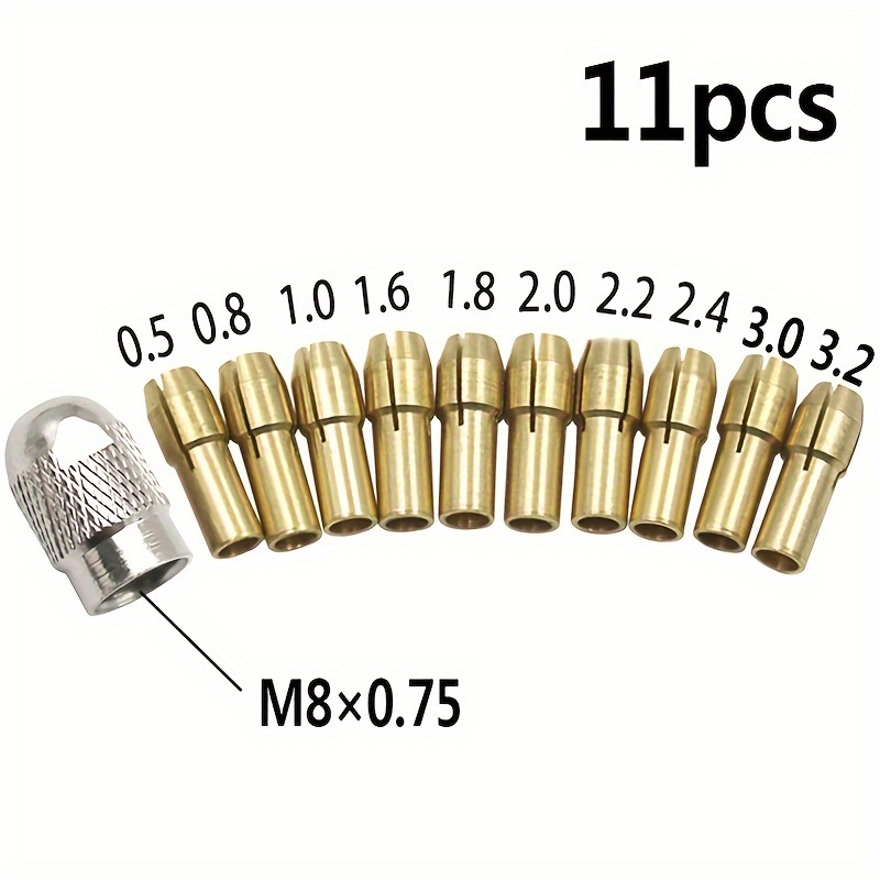 

11pcs Mini Brass Drill Chuck Collet Set For Rotary Tools - No-electricity Needed Power Drill Parts & Accessories With Silver Nut