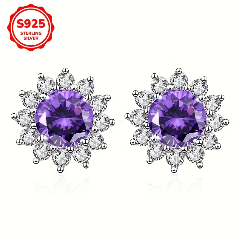 

1pair Sterling 925 Silvery 3.14g/0.111oz Hypoallergenic Sparkling Purple 8mm Zirconia Shape Ear Jewelry For Women Romantic Elegant Style Valentines Day Wedding Decor Jewelry Gift