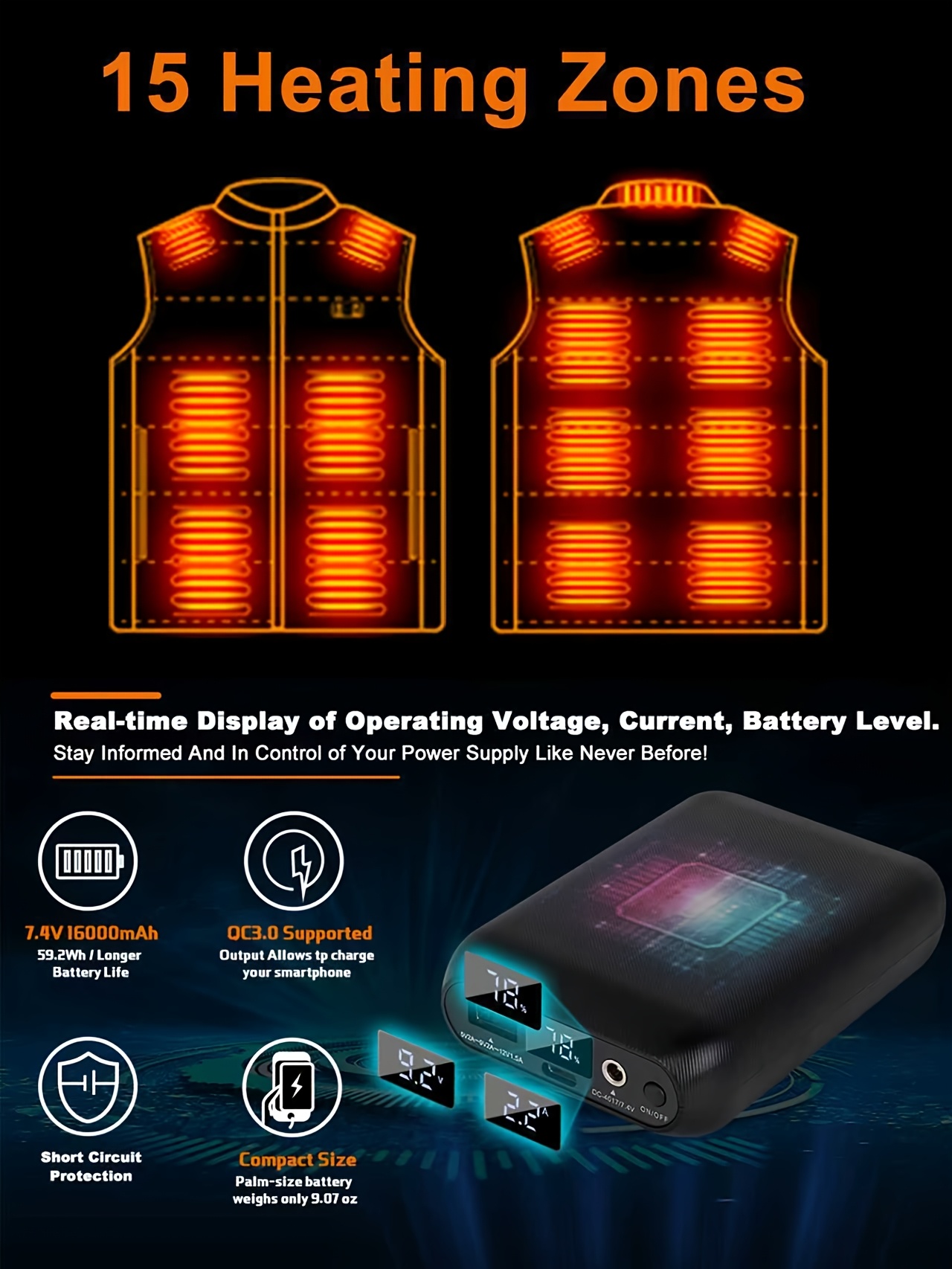 Gilet chauffant pour femmes avec batterie 7.4V 16000mAh à charge rapide | Veste chauffante modèle mis à jour pour femmes, style décontracté avec col montant et détails de fermeture éclair, motif rayé, tissu légèrement extensible