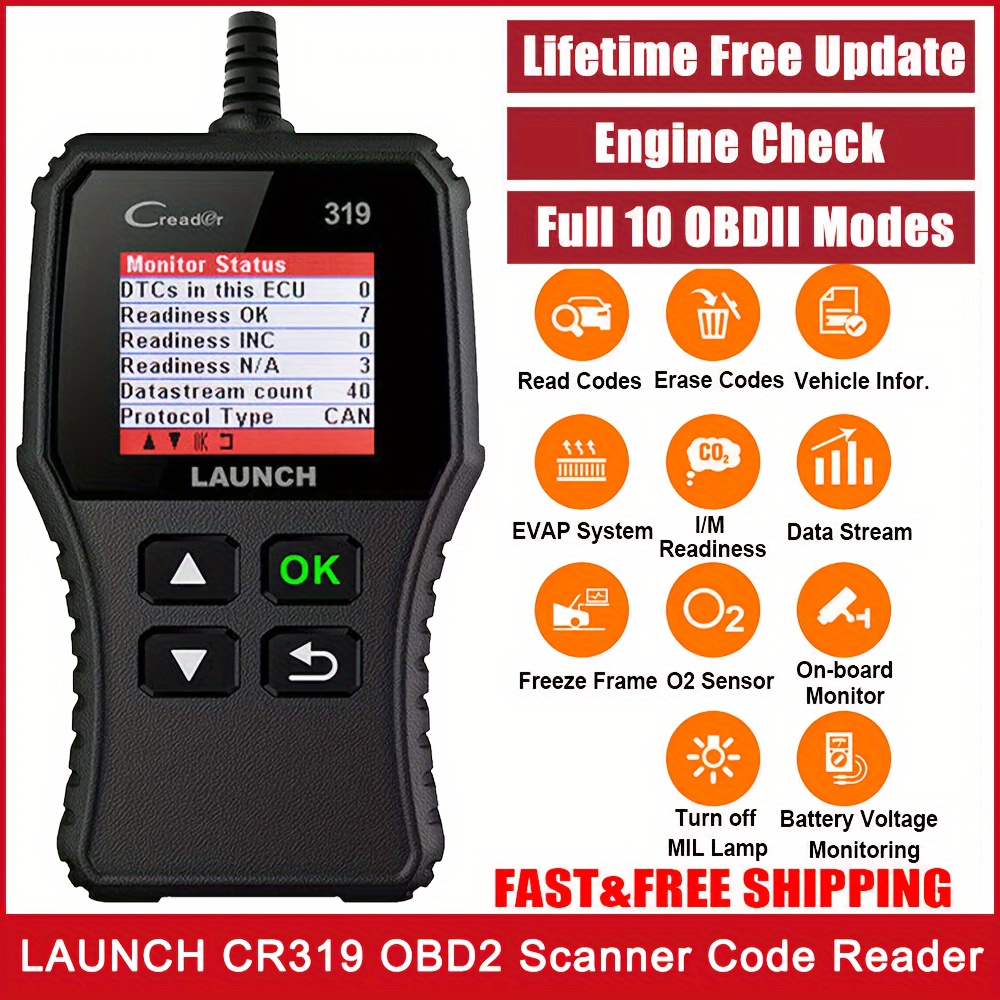 

Launch Cr319 Obd2/ Eobd/can Diagnostic Scanner For Reading And Codes, Tester And O2 Sensor With Code Search Suitable For Beginners