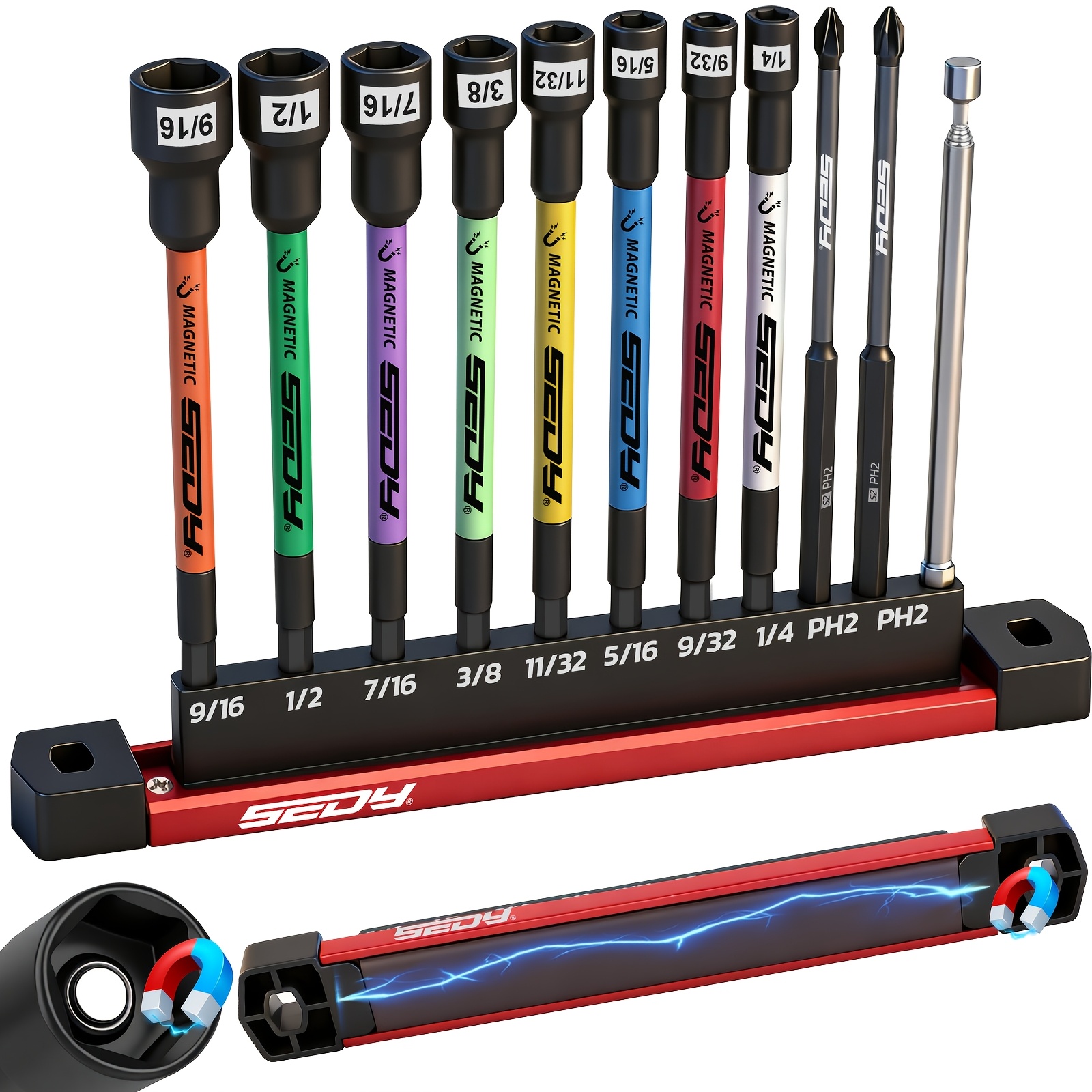 TEMU Sedy 11pcs Magnetic Extra Long Nut Driver Set, Sae 9/16"-1/4", 6" Impact Nut Driver With Ph2 Bits, 1.5lb Telescoping Magnetic Pickup Tool &