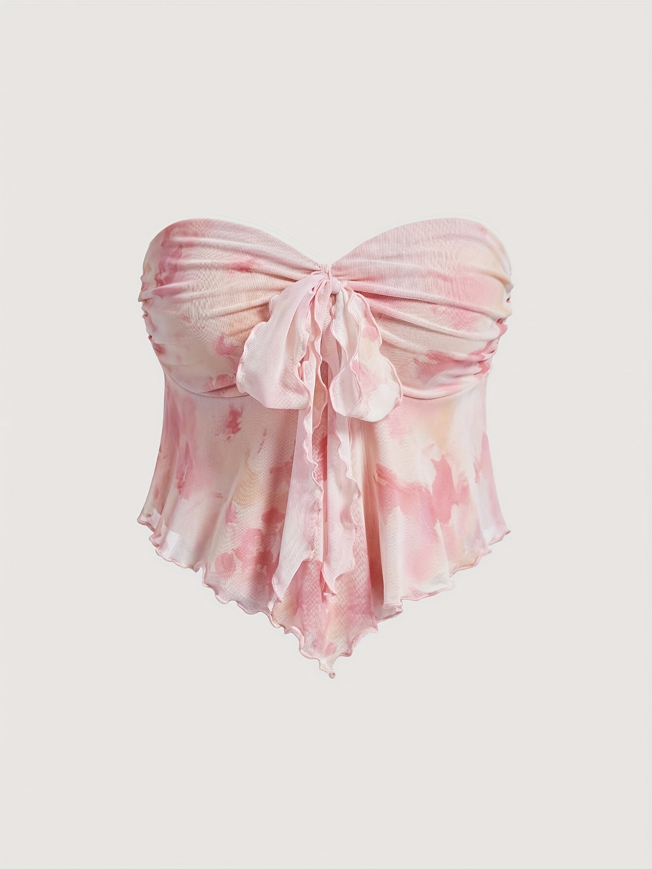 floral print knotted front tube top   strapless hanky hem top for spring summer womens clothing pink red 0