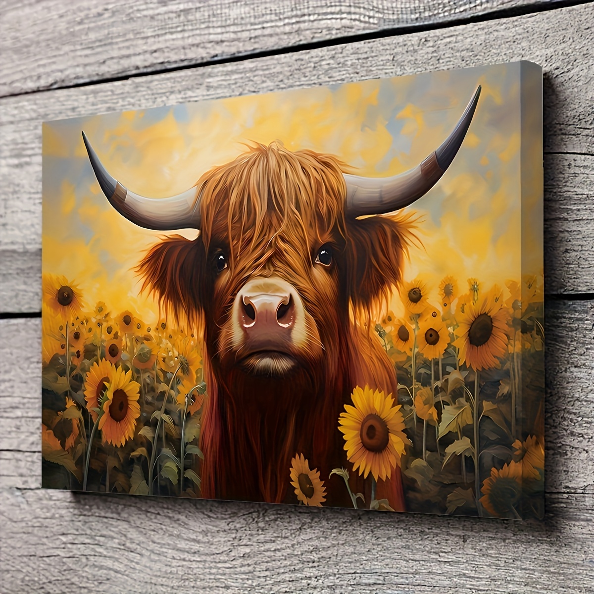 TEMU 2d Flat, Highland Cow And Sunflower Canvas Art With Wooden Frame, Warm Tones, Perfect For Living Room, Bedroom, Or Home Office Decor, Sunset,