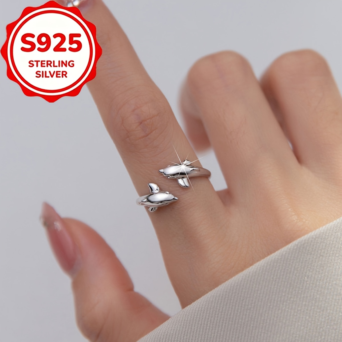 Women's S925 Silver Dolphin Open Ring, Elegant Versatile Accessory